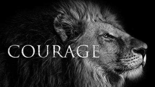 Lion's head on black background with the word Courage superimposed